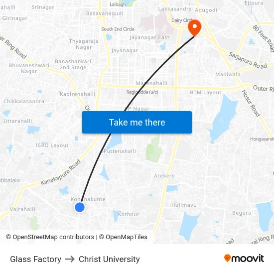 Glass Factory to Christ University map