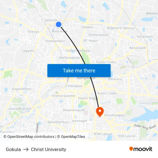Gokula to Christ University map