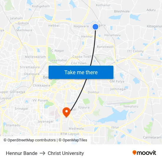 Hennur Bande to Christ University map