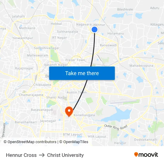 Hennur Cross to Christ University map