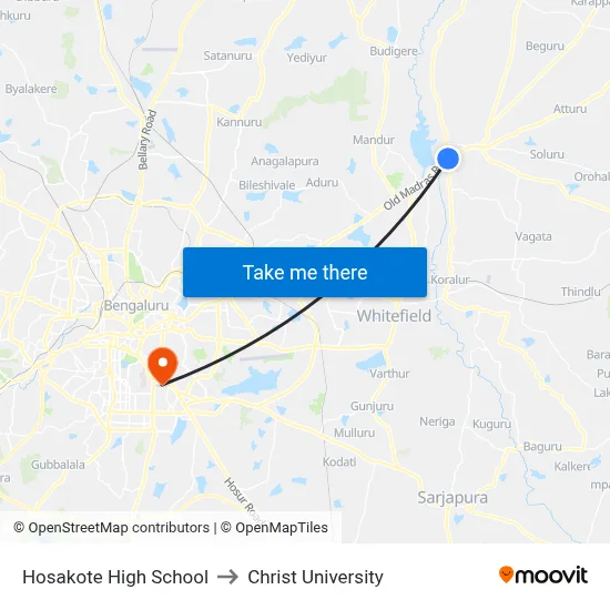 Hosakote High School to Christ University map