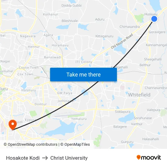Hosakote Kodi to Christ University map