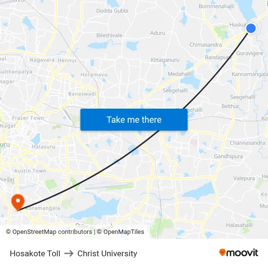 Hosakote Toll to Christ University map