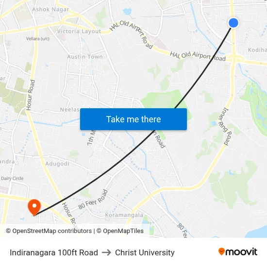 Indiranagara 100ft Road to Christ University map