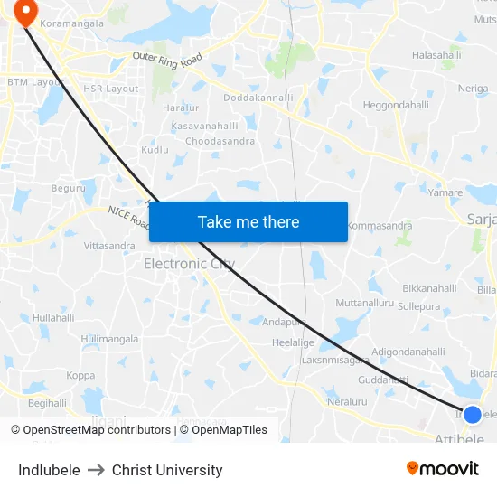 Indlubele to Christ University map