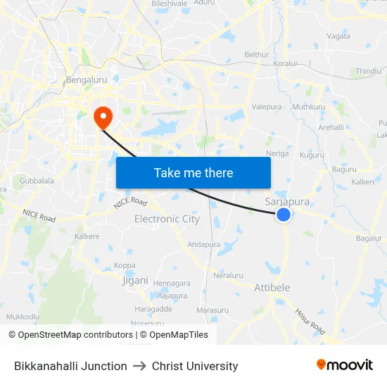 Bikkanahalli Junction to Christ University map