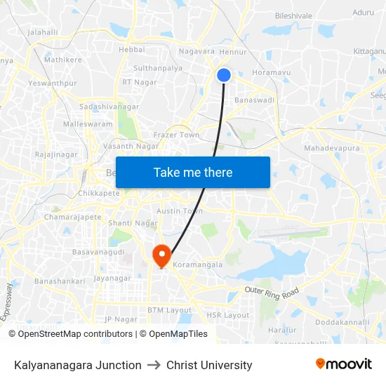 Kalyananagara Junction to Christ University map