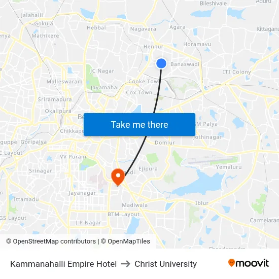 Kammanahalli Empire Hotel to Christ University map