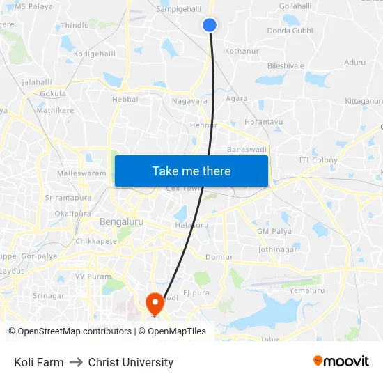 Koli Farm to Christ University map