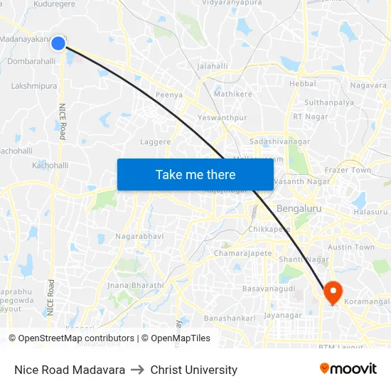 Nice Road Madavara to Christ University map
