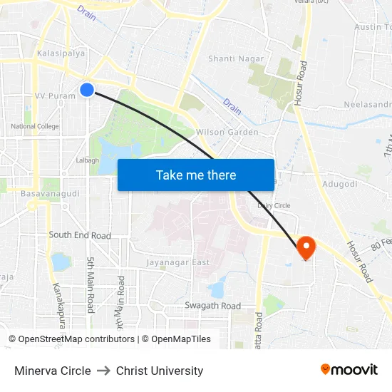 Minerva Circle to Christ University map
