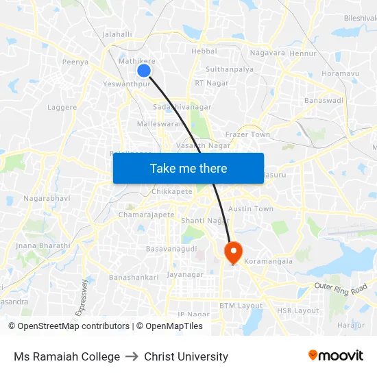 Ms Ramaiah College to Christ University map