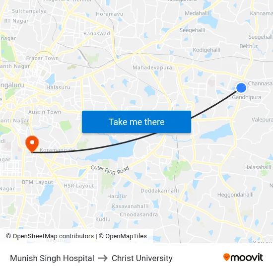 Munish Singh Hospital to Christ University map