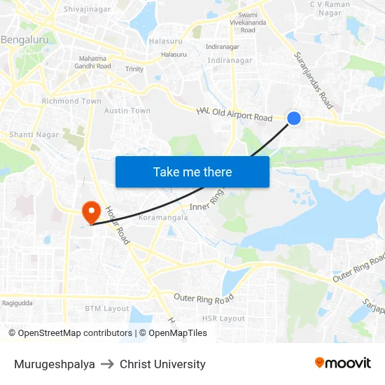 Murugeshpalya to Christ University map