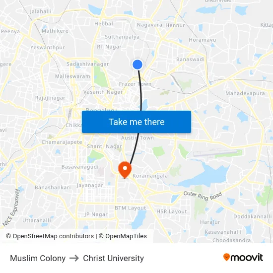 Muslim Colony to Christ University map