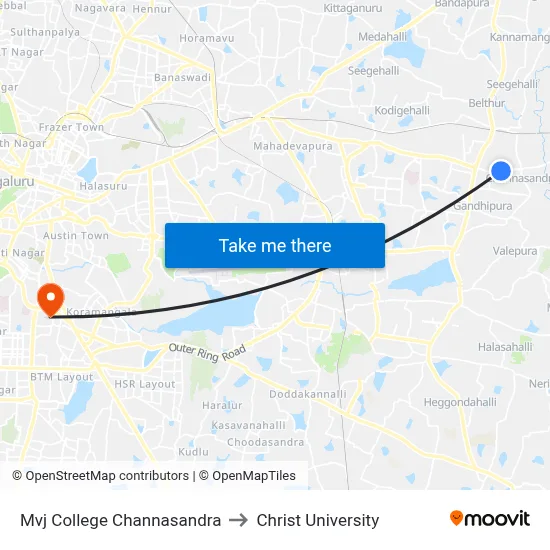 Mvj College Channasandra to Christ University map
