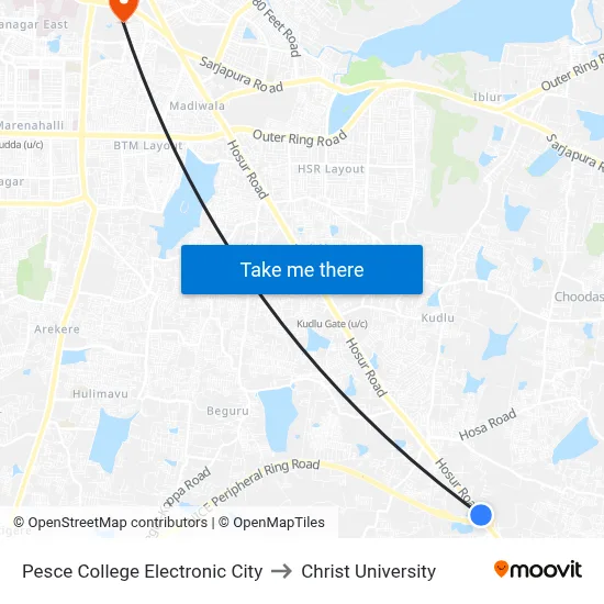 Pesce College Electronic City to Christ University map