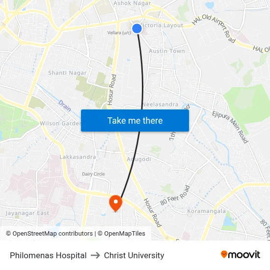 Philomenas Hospital to Christ University map