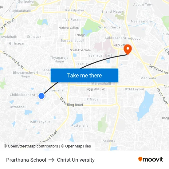 Prarthana School to Christ University map