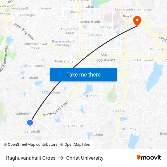 Raghuvanahalli Cross to Christ University map