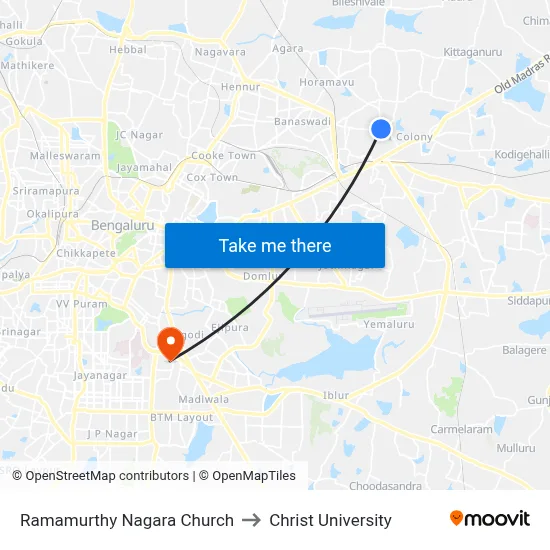 Ramamurthy Nagara Church to Christ University map