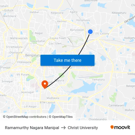 Ramamurthy Nagara Manipal to Christ University map