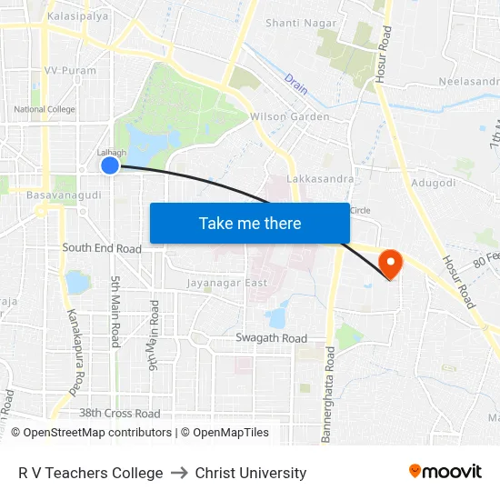R V Teachers College to Christ University map