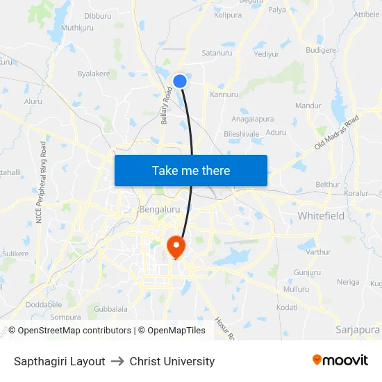Sapthagiri Layout to Christ University map