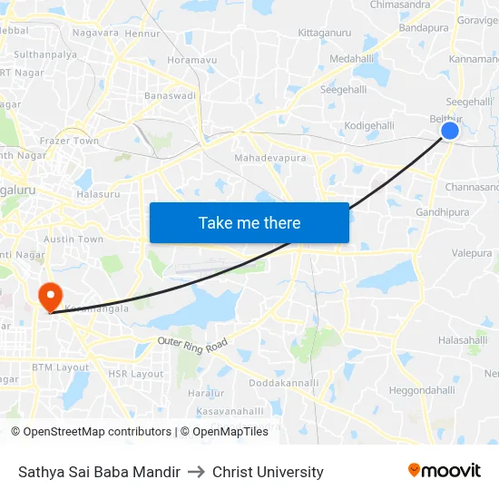 Sathya Sai Baba Mandir to Christ University map