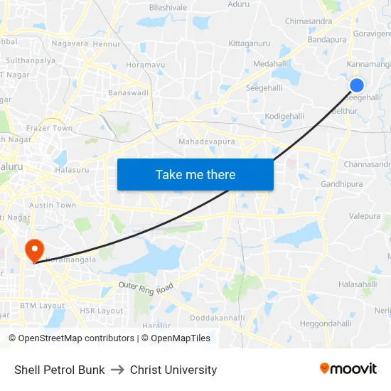Shell Petrol Bunk to Christ University map