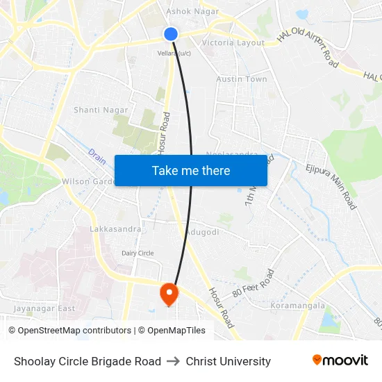 Shoolay Circle Brigade Road to Christ University map