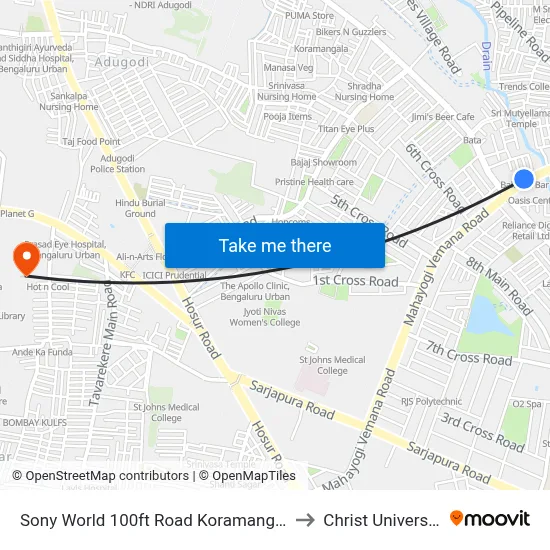 Sony World 100ft Road  Koramangala to Christ University map