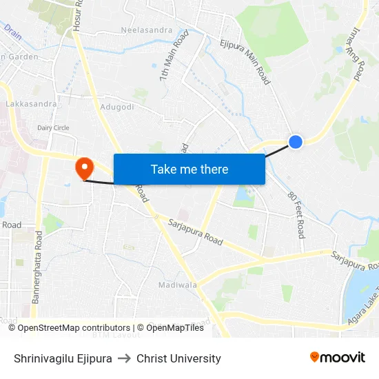 Shrinivagilu Ejipura to Christ University map