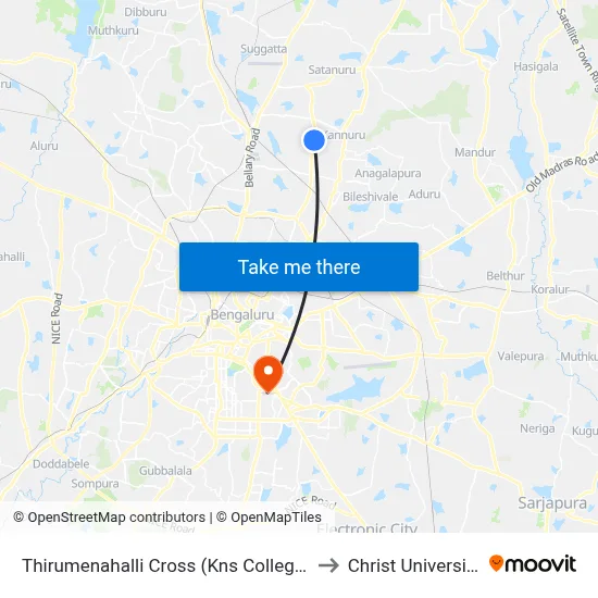 Thirumenahalli Cross (Kns College) to Christ University map