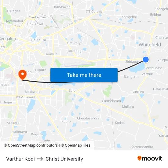 Varthur Kodi to Christ University map