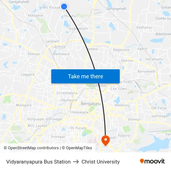 Vidyaranyapura Bus Station to Christ University map