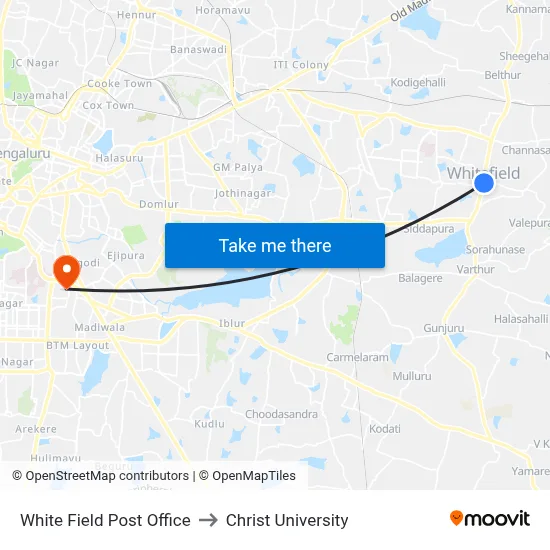 White Field Post Office to Christ University map