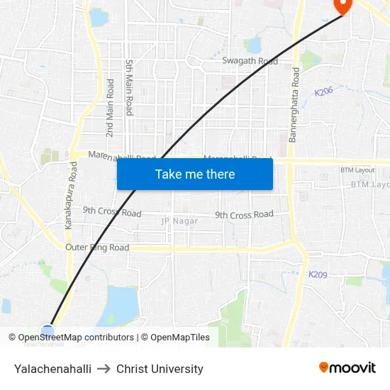 Yalachenahalli to Christ University map