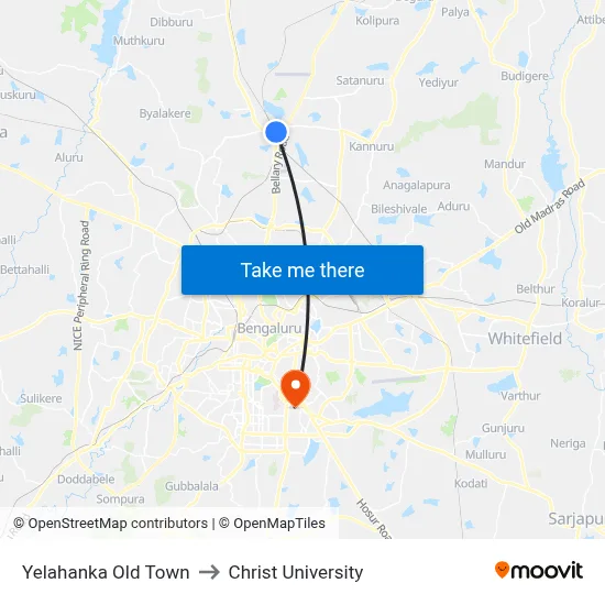 Yelahanka Old Town to Christ University map