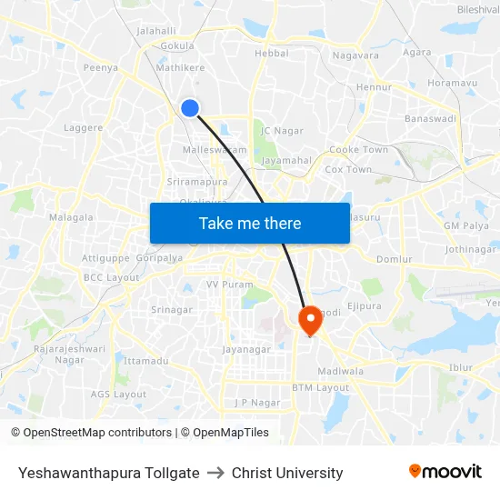 Yeshawanthapura Tollgate to Christ University map