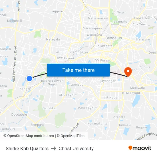 Shirke Khb Quarters to Christ University map