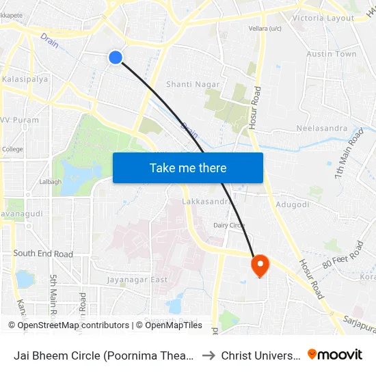 Jai Bheem Circle (Poornima Theatre) to Christ University map