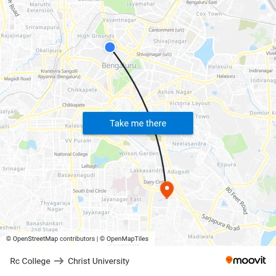 Rc College to Christ University map