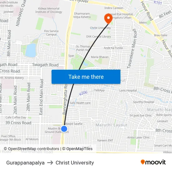 Gurappanapalya to Christ University map