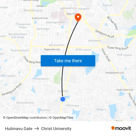 Hulimavu Gate to Christ University map