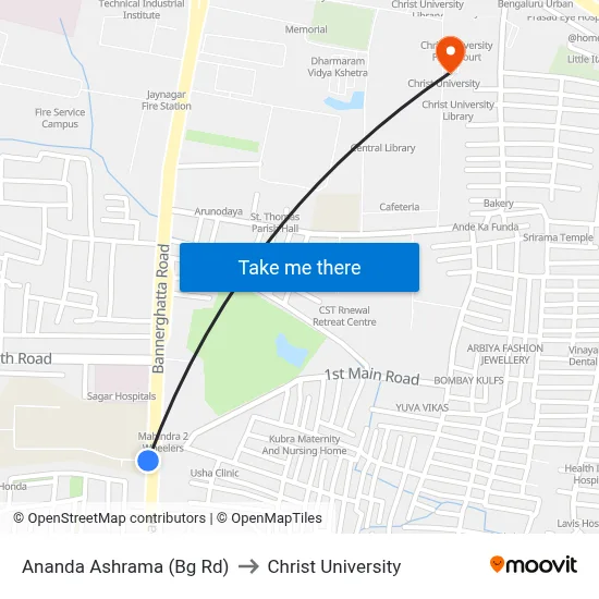 Ananda Ashrama (Bg Rd) to Christ University map