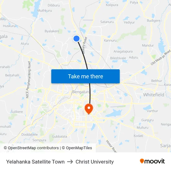 Yelahanka Satellite Town to Christ University map