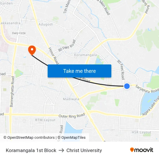Koramangala 1st Block to Christ University map