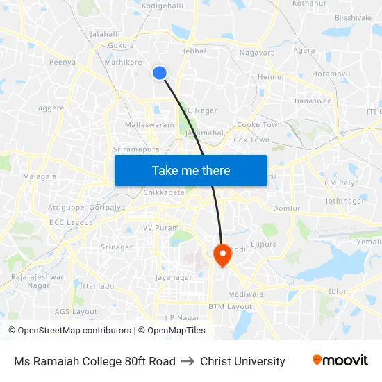 Ms Ramaiah College 80ft Road to Christ University map