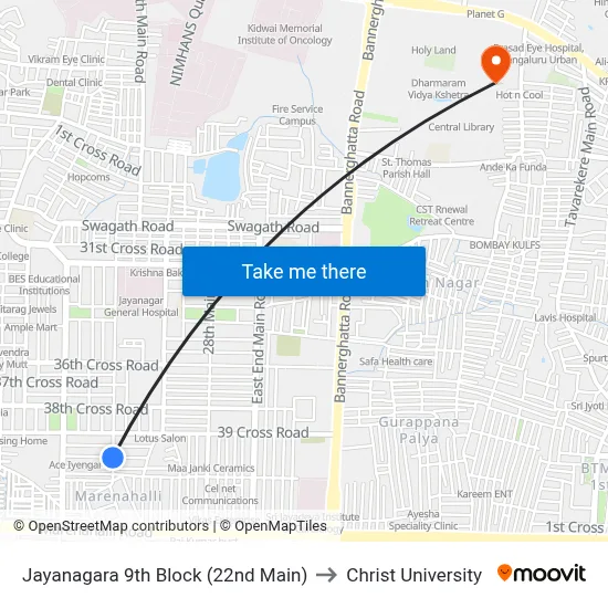 Jayanagara 9th Block (22nd Main) to Christ University map